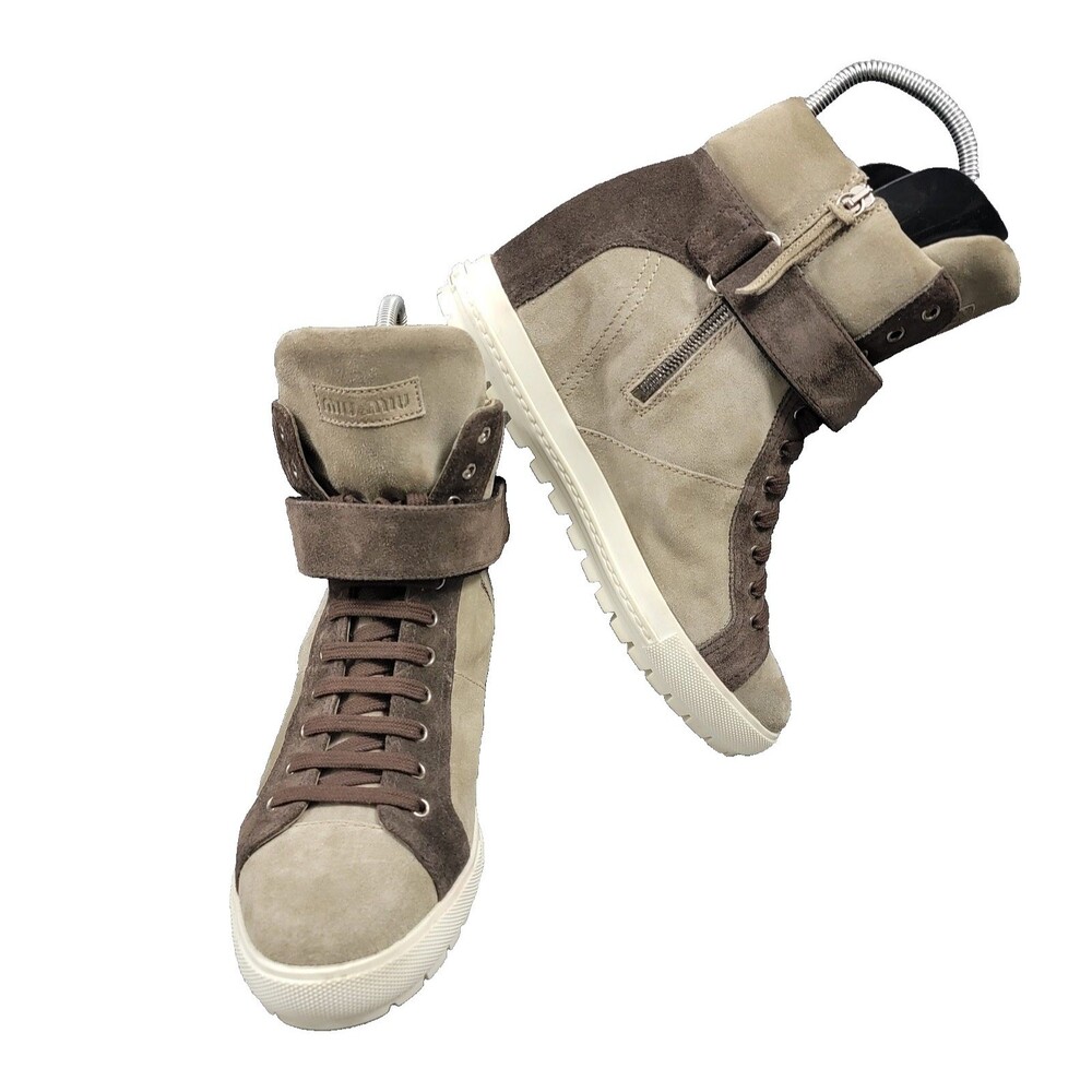 Miu Miu Wedge Sneakers Two-Toned Beige Suede Lace-Up, Women's SZ 41 EUR